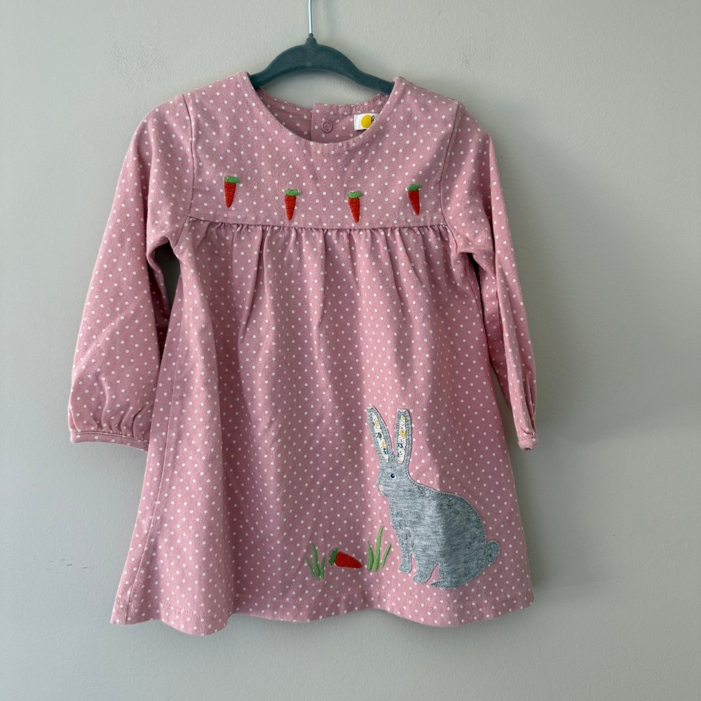 Baby‎ Boden Pink Polka Dot Bunny Rabbit Applique Dress 12-18M Cotton Easter